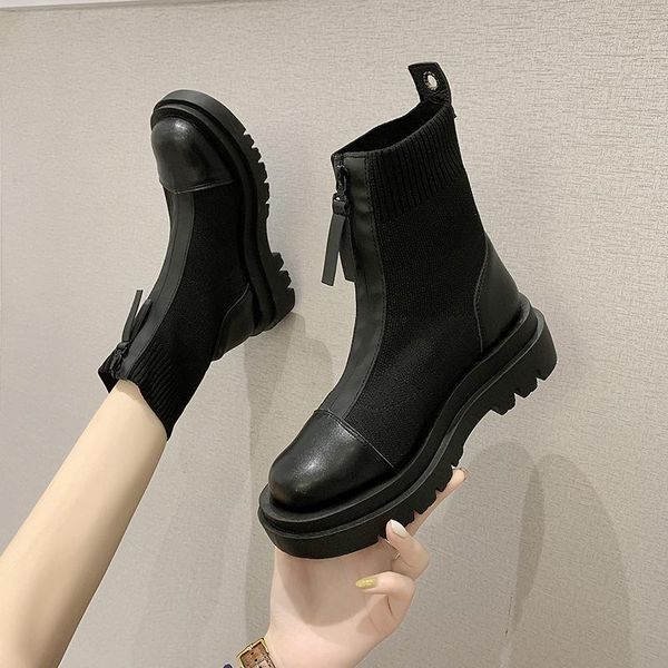 

boots winter fashion women platform shoes mid-calf ankle zipper leather botas mujer, Black
