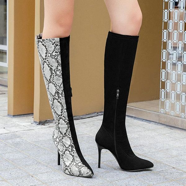 

boots brand winter women fashion faux leather stitching ladies high super heel snake print large size 34-43, Black