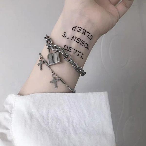 

link, chain wlp stainless steel punk multilayer cross lock bracelet for women retro gothic bear coin pendant couple bracelets jewelry gifts, Black