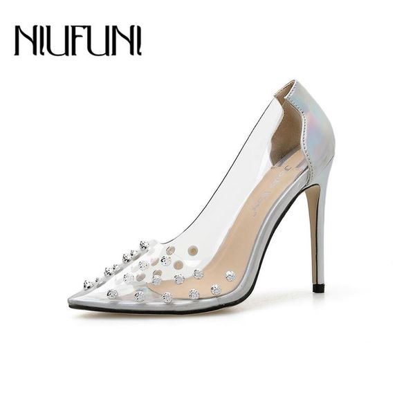 

dress shoes women pumps niufuni pointed toe transparent rivets pu stiletto high heels plus size 35-41 clear wedding for, Black