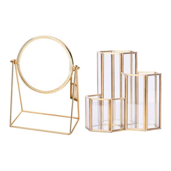 

mirrors 2pcs lady organizer: 1 pcs deskmakeup mirror three-dimensional princess & hexagon composite pen holder