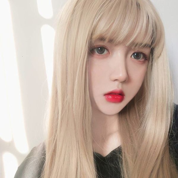 

long blonde wig female lolita hair full head set, Black