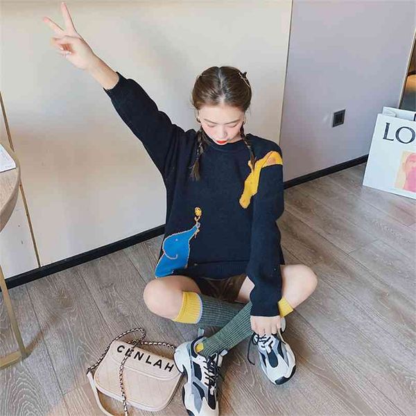 

cartoon loose sweater women's pullover fall winter lazy wind thickened net red small fresh outer wear 210427, White;black