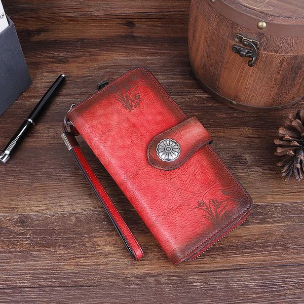 

wallets stylish vintage women's wallet zip perforated bag hand-scratched, Red;black