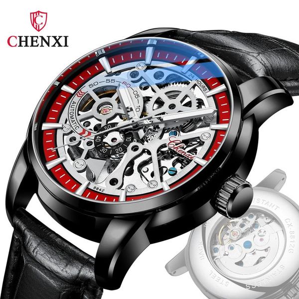 

wristwatches chenxi red hollow dial leather strap men's watches waterproof sports luminous automatic mechanical male wristwatch clock, Slivery;brown