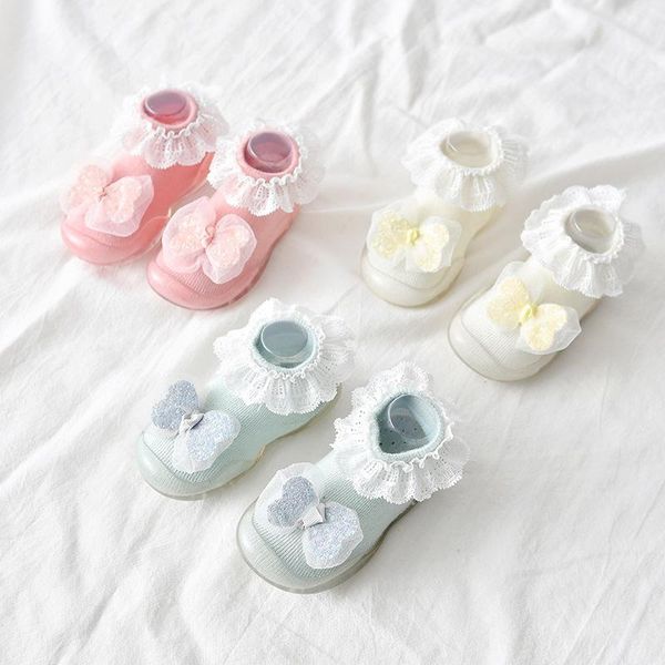 

first walkers baby girl shoes lace bow anti-slip rubber sole socks toddler