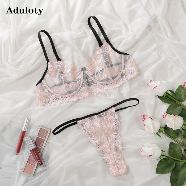 

aduloty new womens lace embroidered underwear set thin mesh see-through erotic lingerie underwire gather bra and thong set, Black;white