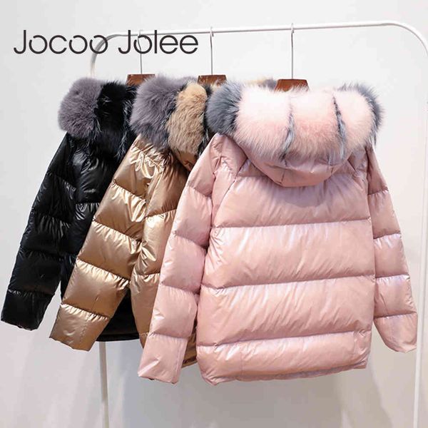 

real fur coat natural fox collar winter jacket women loose short down white duck thick warm parka 210428, Black