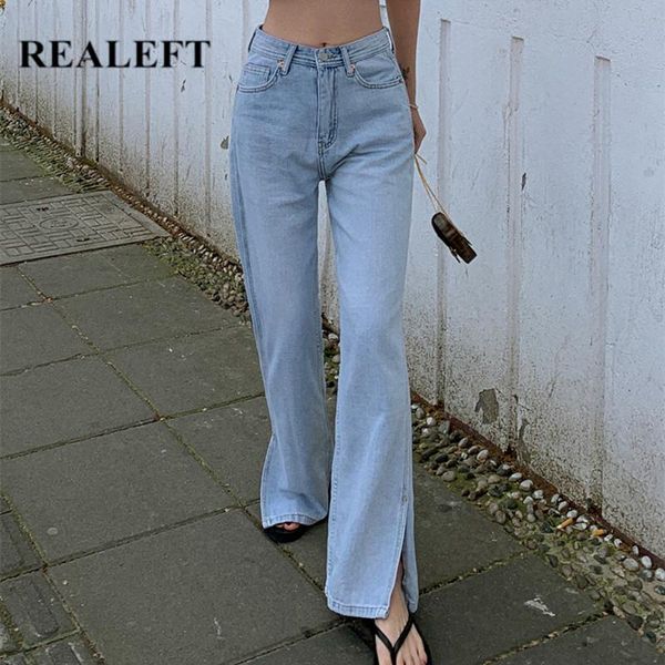 

women's jeans realeft 2021 summer high waist casual trousers straight denim streetwear side split wide leg long pants, Blue