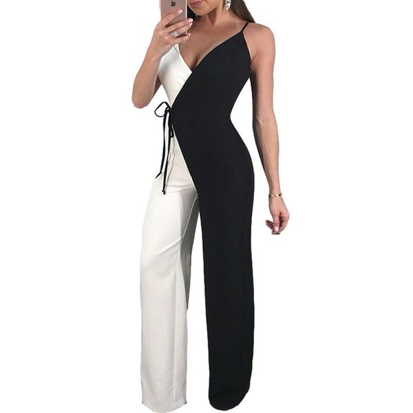 

women's jumpsuits & rompers white black patchwork wide leg jumpsuit women spaghetti strap v-neck elegant summer romper casual office wo, Black;white