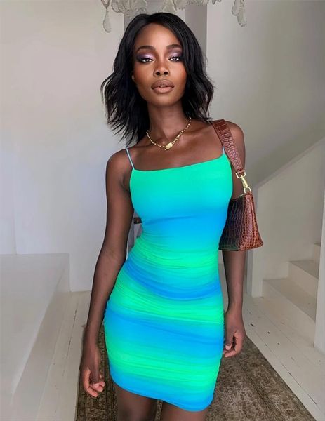 

gradient color stretchy womens dresses folds sleeveless strap pencil party clubwear female summer vestidos, Black;gray