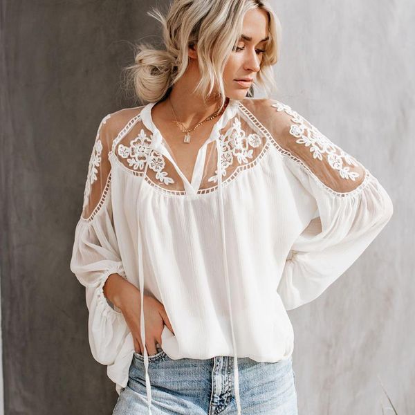 

womens shirts lantern long sleeve lace blouse shirt women vintage floral chiffon see through blouses boho beach v neck, White