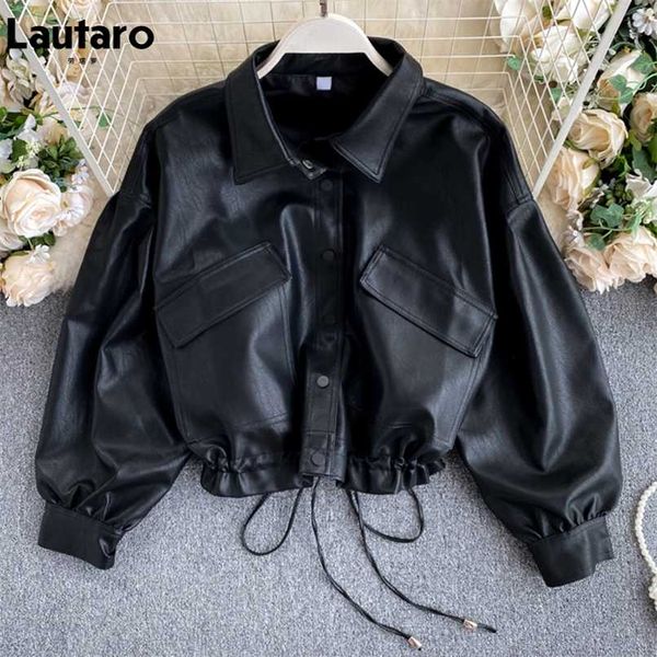 Lautaro Autunno Corto Nero Oversize Luce Morbida Giacca di Pelle Faux Donne Spalla Caduta Manica Lunga Allentata Moda Coreana 211007