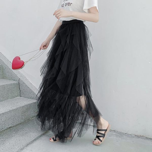 

skirts lace princess for women fairy style multi-layer voile tulle beach skirt bouffant puffy long tutu, Black