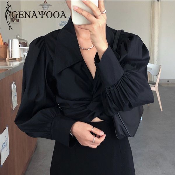 

genayooa women's office and blouses solid v neck shirt women long sleeve white criss cross elegant blouse korean 210417