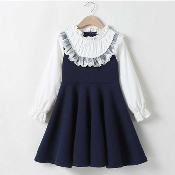 MIEMBRO Schule Tragen Neue Mädchen Kleidung Kleid Baby Casual Kleid Kinder Patchwork Herbst Kleidung Kinder Langarm Kleid Blau Weiß q0716