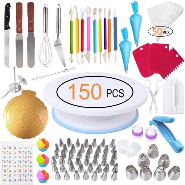 

baking & pastry tools with numbered 150-piece cake turntable set, fondant carving pen piping bag spatula kit