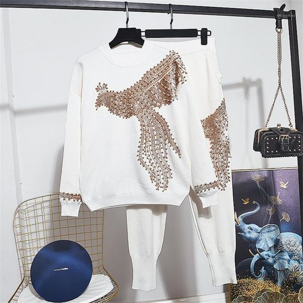 

women's two piece pants 2021 fashion tracksuit women outfits white black knitted set beading phoenix pattern knit sweater long loose 2p