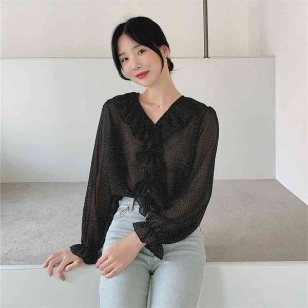 

dot chiffon shirt vintage black female oversize women spring girls blouse plus size autumn blouses femme blusas 210423, White