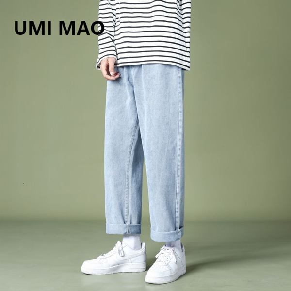 

men's jeans umi mao summer wide-beamed loose wide-leg casual pants hombre men trousers nine-point plus size streetwear, Blue