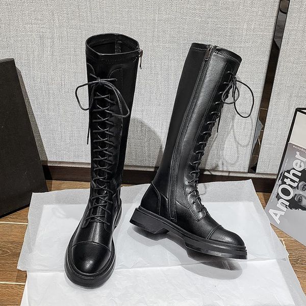 

boots knight women's 2021 elastic lace knee high tube thin thick soled, Black