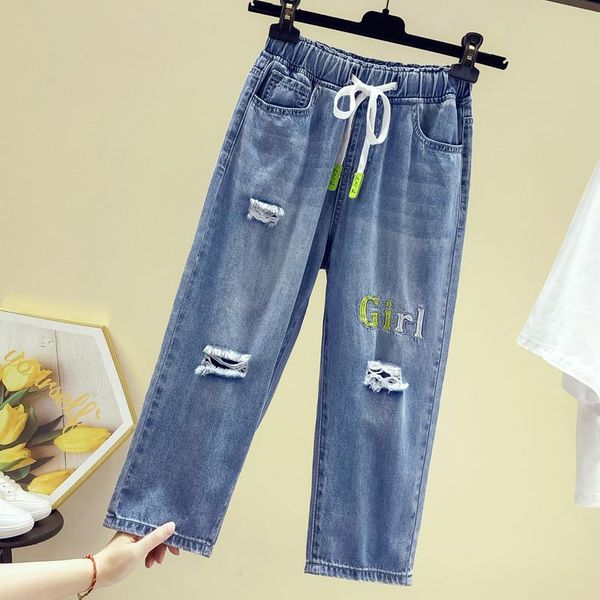 

women's jeans ripped women high waist embroidery elastic loose calf-length blue mom denim harem pants