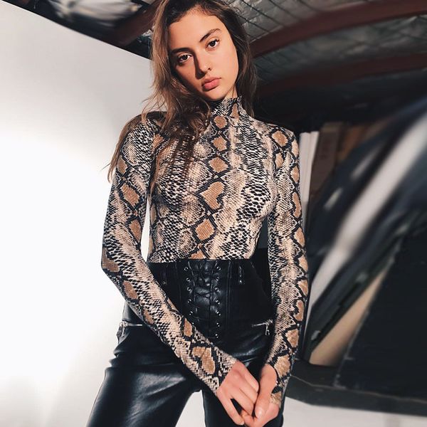 

women's jumpsuits & rompers women snake print high neck long sleeve bodycon bodysuit leotard fashion lady, Black;white