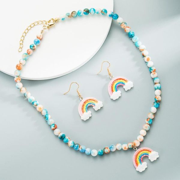 

chokers blue and white beads imitation ceramics bohemia vintage style necklace earrings with rainbow pendant jewelry set for women, Golden;silver