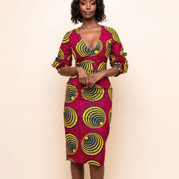 

casual dresses africa fashion summer women print dress slim half sleeve deep v-neck female long 2021, Black;gray