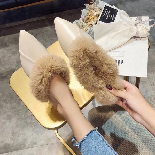 

fur slippers flat winter mules shoes women 2021 warm outdoor fashion d659, Black