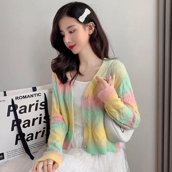 

women's knits & tees 2021 arrival women knitted mult color cardigan sweater with button female short v-neck open stitch outwear elastic, White