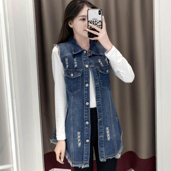 

women's vests 2021 spring autumn sleeveless waistcoat women casual wild hole vest jacket female loose denim plus size 5xl r762, Black;white