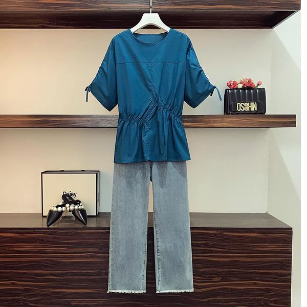 

plus size women casual summer suit 2021 fashion solid color shirt high waist denim wide leg pants two piece set clothing women's, White