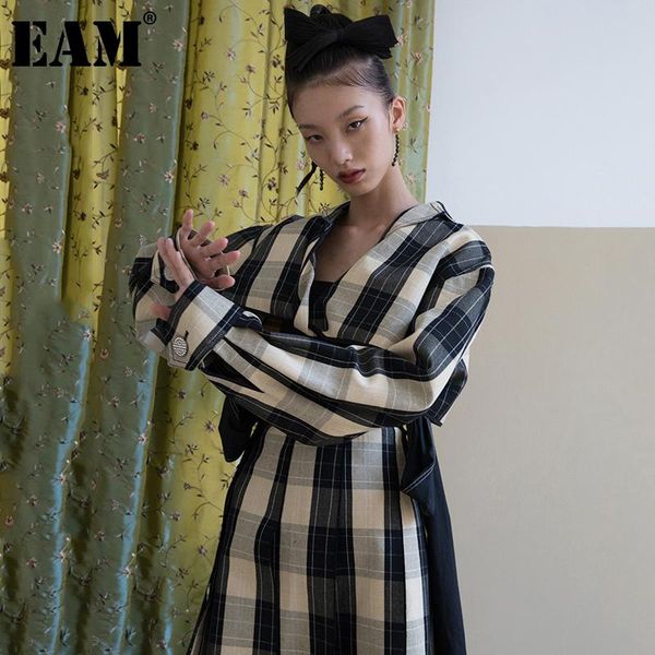 

women's jackets [eam] loose fit yellow plaid bandage short big size jacket lapel long sleeve women coat fashion spring autumn 2021 1da9, Black;brown