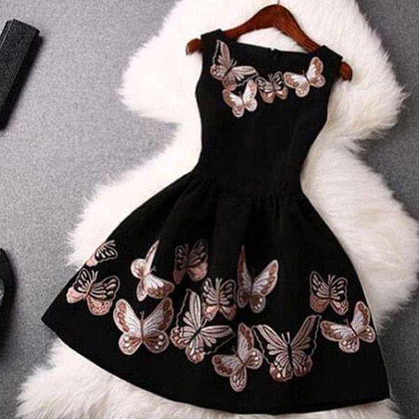

casual dresses women dress fashion butterfly print party o-neck slim big swing sleeveless back zipper, Black;gray