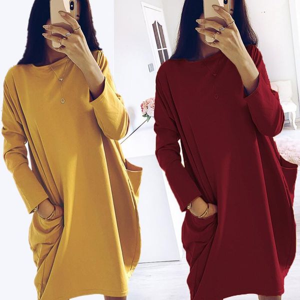 

casual dresses women pocket dress comfortable loose o-neck long sleeve winter fashion vestidos street lady yellow, Black;gray
