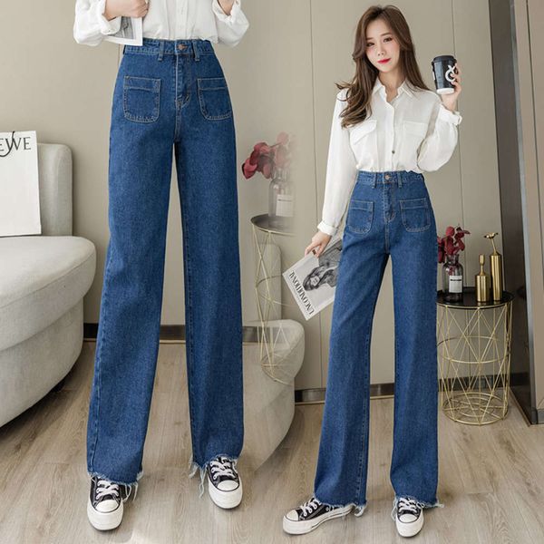 

spring front vertical pocket washed wide legs thin loose pants, Blue