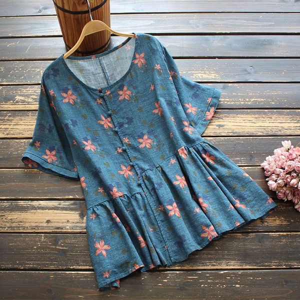 

women's t-shirt women t shirt floral print buckles cotton linen 2021 summer short-sleeved o neck mori girl fashion, White