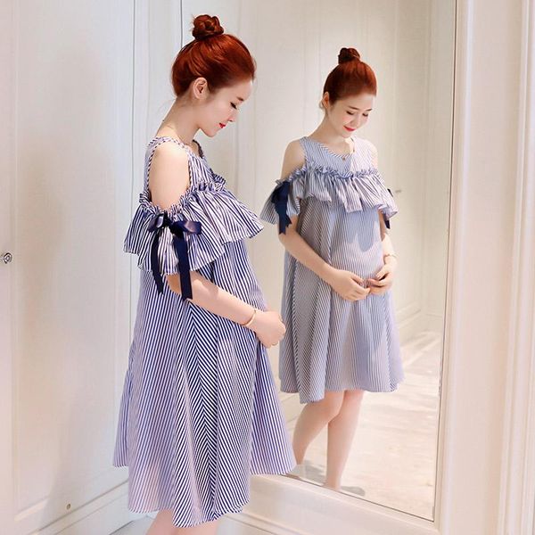

maternity dresses clothes pregnant women dress summer korean style off the shoulder stripes preppy plus size, White