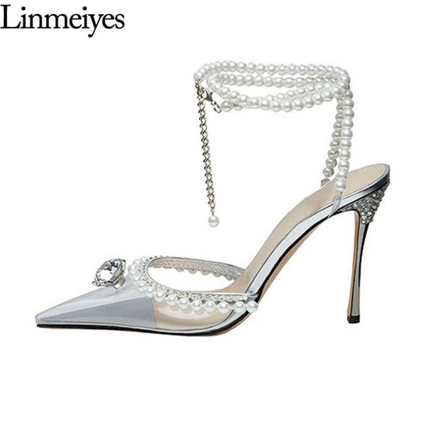 

clear pvc pumps women crystal pearl decorate thin heel shoes woman ankle string bead strap party dress dance for, Black