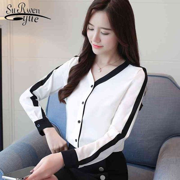 

fashion woman blouses chiffon shirt woman's long sleeve autumn office lady patchwork women and 1045 40 210521, White