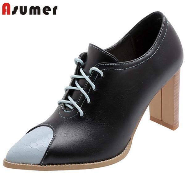 

dress shoes asumer 2021 arrival women pumps spring summer single lace up pointed toe mixed colors high heel ladies, Black