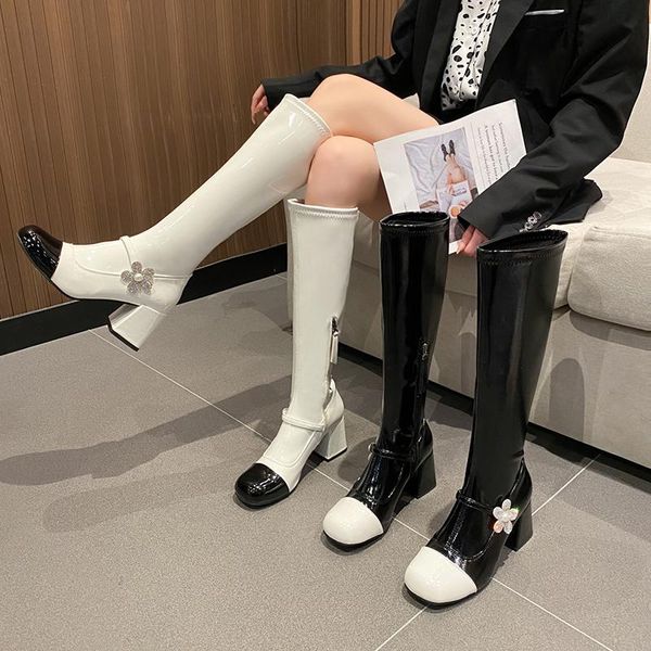 

boots women high heels shoes boots-women round toe zipper stiletto over-the-knee 2021 rubber ladies autumn basic solid pu cotton, Black