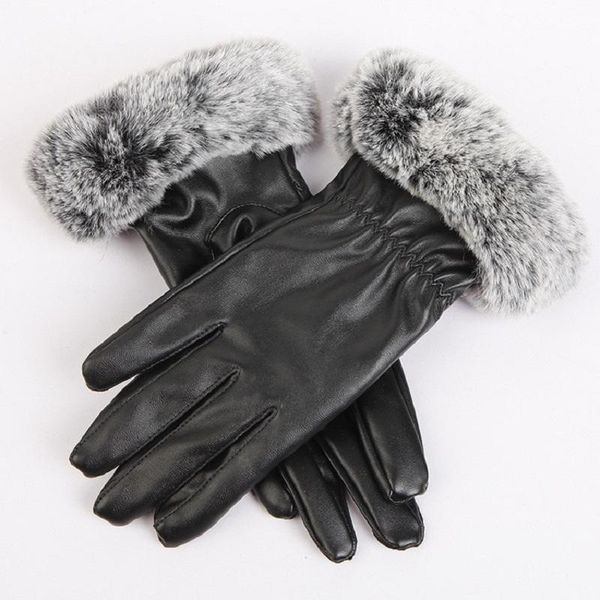 

fingerless gloves 1 pc women touch screen black leather winter autumn warm fur mittens, Blue;gray