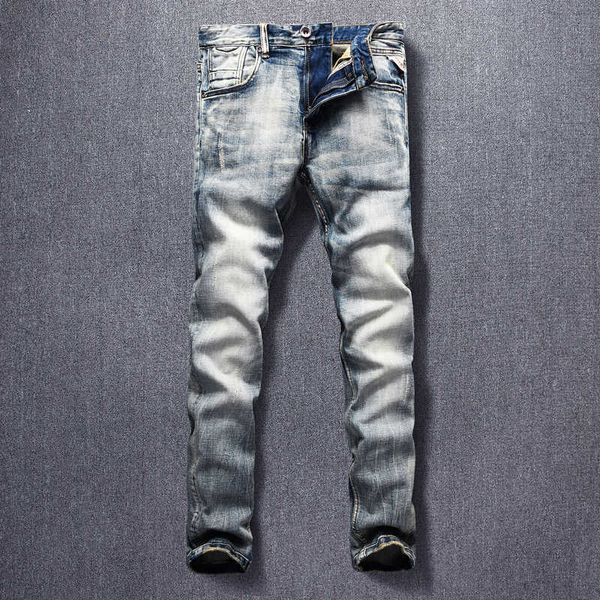 

italian style fashion men jeans elastic slim fit casual denim pants homme retro wash vintage designer long trousers, Blue