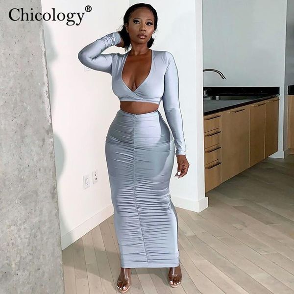 

women's tracksuits chicology 2021 luxury party tow piece set crop skirt fashion club outfits women winter fall clothes birthday lad, Gray