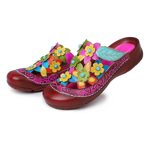 

leather handmade flower pattern retro flat bottom color full round head super comfortable casual female sandals slippers, Black