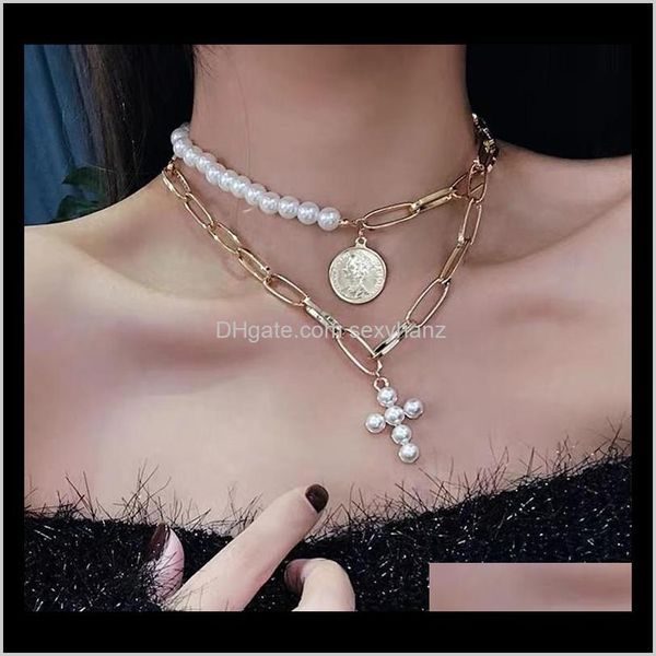 Pendentif Colliers Pendentifs Bijoux Drop Delivery 2021 Trois Perles Croix Couches Court Anomalie Style Collier Boucles D'oreilles Produit Avec Round Sha