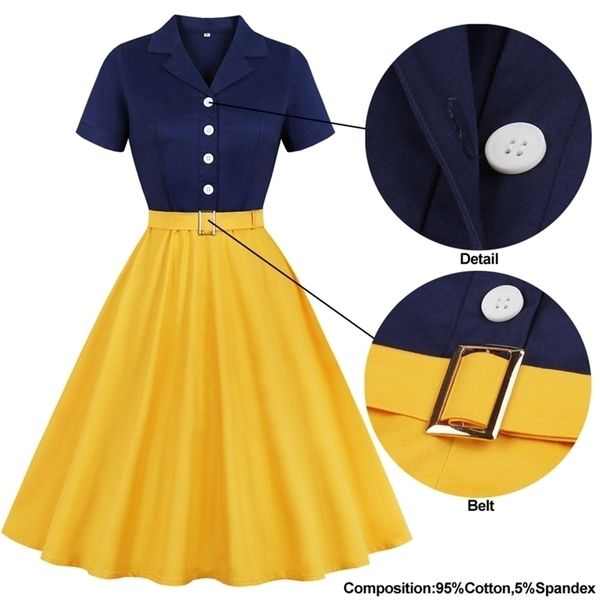 

tonval navy blue and yellow two tone button up cotton elegant dress women belted rockabilly vintage plus size midi dresses, Black;gray