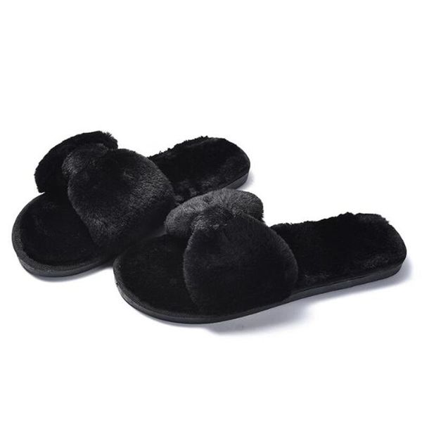 

cross section cotton slippers winter woman slip on flats female plush flops faux fur warm shoes non-slip home sh025, Black